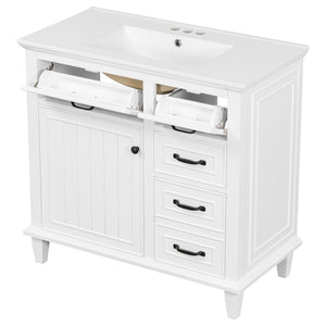English Elm 36 Inch Bathroom Vanity - Modern Ceramic Sink, Solid Wood Frame, Adjustable Storage & Soft-Close Doors N725P336554K