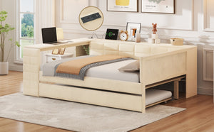 English Elm Full Size Upholstered Platform Bed With Desk, Usb Charging, Trundle & Storage Shelves In Beige Velvet N7090000604A