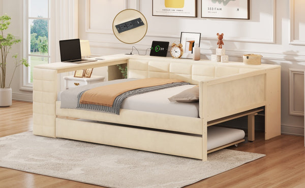 English Elm Full Size Upholstered Platform Bed With Desk, Usb Charging, Trundle & Storage Shelves In Beige Velvet N7090000604A