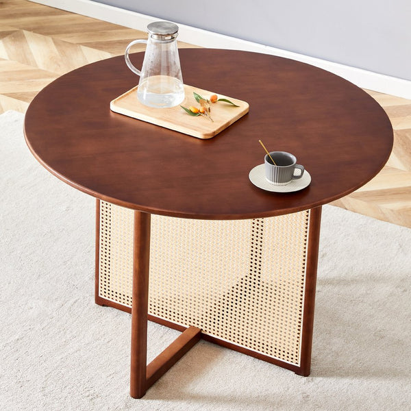 English Elm Chinese Solid Wood Round Table - Rustic Walnut Finish With Imitation Rattan | Versatile & Easy Assembly! W1151P154828