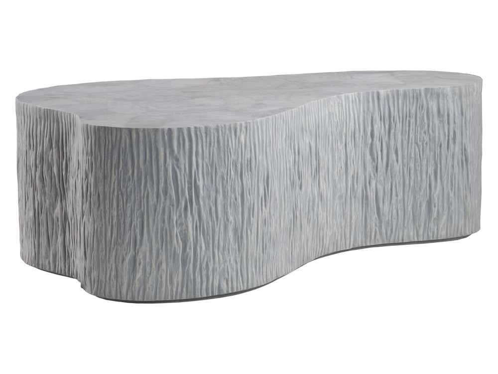 Lexington Artistica Home Pangea Cocktail Table - Unique Asymmetrical Design With White Gray Marble Top And Textured Base Antique Aged White Wood 2321-949
