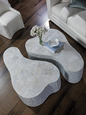 Lexington Artistica Home Pangea Cocktail Table - Unique Asymmetrical Design With White Gray Marble Top And Textured Base Antique Aged White Wood 2321-949