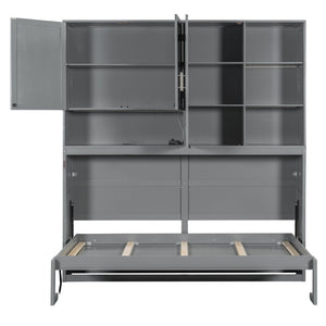 English Elm Twin Murphy Bed with Cabinet Shelves Built in Lighting Usb Ports Space Saving Wall Unit Gray LP000389AAE-1