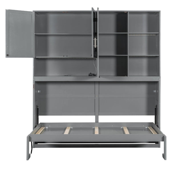 English Elm Twin Murphy Bed with Cabinet Shelves Built in Lighting Usb Ports Space Saving Wall Unit Gray LP000389AAE-1