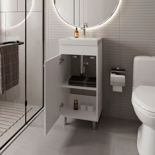 English Elm White Wall-Mounted Bathroom Vanity With 1 Door & 2 Shelves For Organized, Modern Spaces B062P355662-GIGA