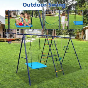 English Elm 6 in 1 Steel A-frame Backyard Swing Set with Climbing Net Trapeze Hammock and Hoop W1408P367263