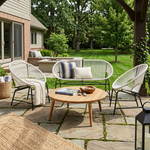 English Elm Nusa Outdoor Pe Rattan Conversation Set with Acacia Wood Coffee Table Patio White NUSA4PCSET-WHI