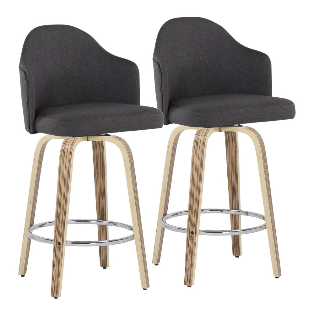 English Elm Fixed-height Swivel Counterstools Mahogany Wood Chrome Footrest Velvet Seat Set of 2 Charcoal B202S01779
