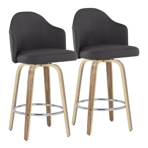 English Elm Fixed-height Swivel Counterstools Mahogany Wood Chrome Footrest Velvet Seat Set of 2 Charcoal B202S01779