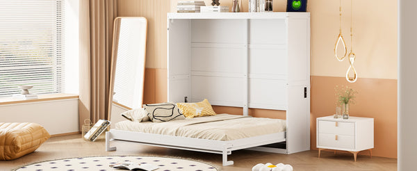 English Elm Full Size Murphy Wall Bed with Rattan Panel Cabinet for Studio and Guest Rooms White N708S00011K-2
