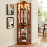 English Elm Glass Cabinet Lighted Corner Cabinet Corner Display Curio Cabinet, Glass Display With Light(Included)Bar Cabinet,Wine Cabinet With Adjustable Glass Shelves Carved Decoration Oak Light(Included)