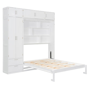 English Elm Queen Murphy Bed with Integrated Desk Cabinet Shelves Space Saving Studio Solution White N708S00022K-2
