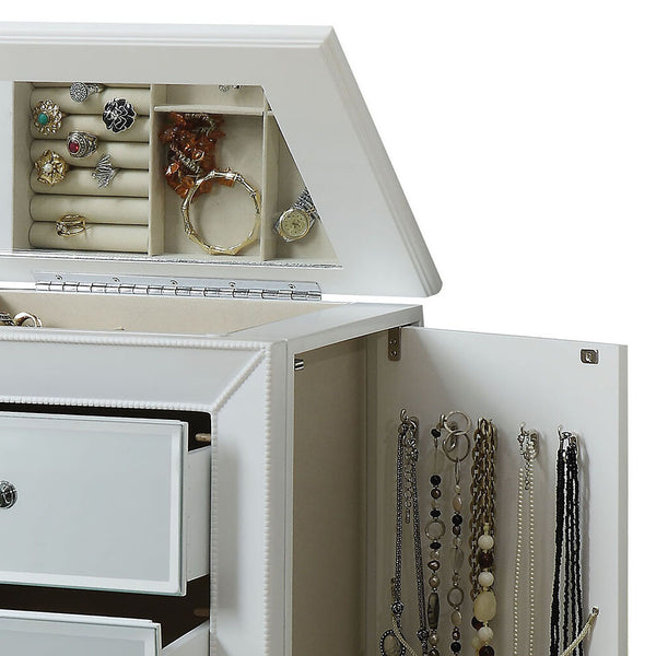 English Elm Talor White Finish Jewelry Armoire with Mirror, Velvet-Lined Drawers, Side Hooks & Anti-Tip Strap B2726P256368