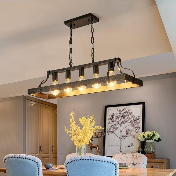 English Elm 34-Inch Vintage Pendant Light with 5 E26 Sockets, Iron Frame, Adjustable Chain for Kitchen Island Black+Gold W1340P251926
