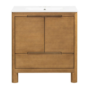English Elm [video] 30 Inch Freestanding Bathroom Vanity Pine Legs Ceramic Sink Soft Close Storage Natural N759P412928N