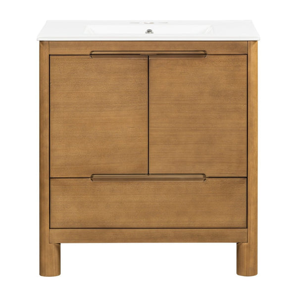 English Elm [video] 30 Inch Freestanding Bathroom Vanity Pine Legs Ceramic Sink Soft Close Storage Natural N759P412928N