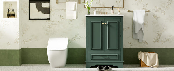 English Elm 24'' Bathroom Vanity with Ceramic Sink Combo Modern Freestanding MDF Cabinet with Soft-Close Doors and Sleek Silver Handles for Spacious Organized Bathroom Storage Green N710P194893F