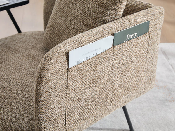 English Elm Leisure Linen Accent Chair with Built-in Side Table Pockets and Lumbar Pillow Modern Khaki W395P453308