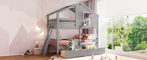 English Elm Twin Playhouse Bunk Bed Pinewood Frame with Pitched Roof Window Shelf and Storage Drawers Gray LT001608AAE-1