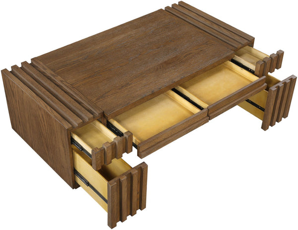 Meridian Furniture Stanton Oak Veneer Coffee Table with Six Hidden Drawers for Modern Living Rooms Brown 232Brown-C