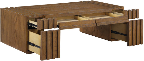 Meridian Furniture Stanton Oak Veneer Coffee Table with Six Hidden Drawers for Modern Living Rooms Brown 232Brown-C