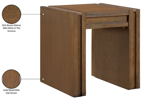 Meridian Furniture Stanton Sculptural End Table with Hidden Drawer and Geometric Inlay for Modern Living Rooms Brown 232Brown-E