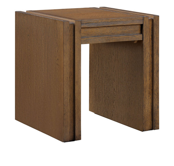 Meridian Furniture Stanton Sculptural End Table with Hidden Drawer and Geometric Inlay for Modern Living Rooms Brown 232Brown-E