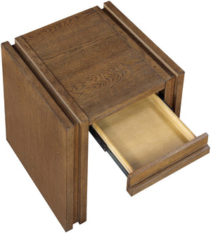 Meridian Furniture Stanton Sculptural End Table with Hidden Drawer and Geometric Inlay for Modern Living Rooms Brown 232Brown-E