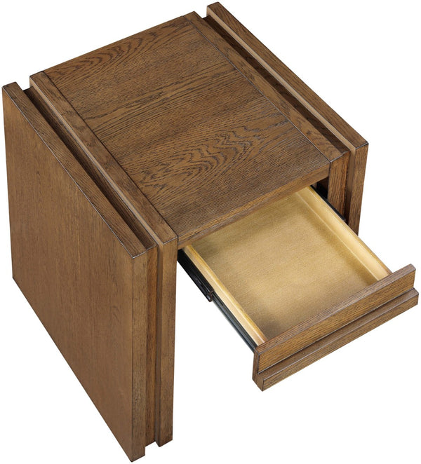Meridian Furniture Stanton Sculptural End Table with Hidden Drawer and Geometric Inlay for Modern Living Rooms Brown 232Brown-E