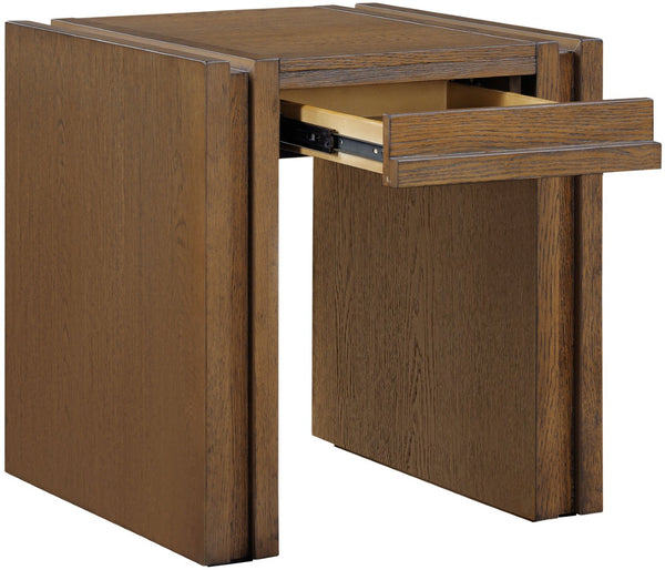 Meridian Furniture Stanton Sculptural End Table with Hidden Drawer and Geometric Inlay for Modern Living Rooms Brown 232Brown-E