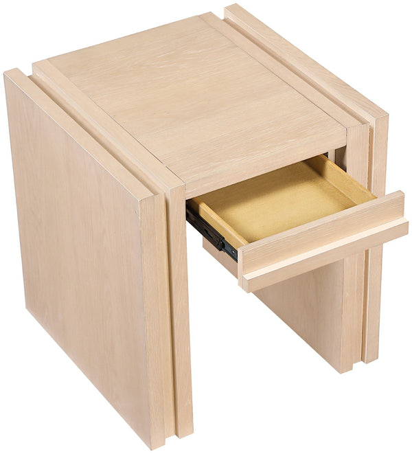 Meridian Furniture Stanton Sculptural End Table with Hidden Drawer and Geometric Inlay for Modern Living Rooms Natural 232Natural-E