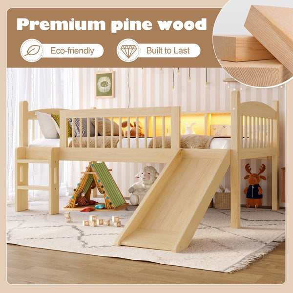 English Elm Twin Low Loft Bed Solid Pine Frame with Built-in Led Lighting and Storage Shelves Natural W1580P395930