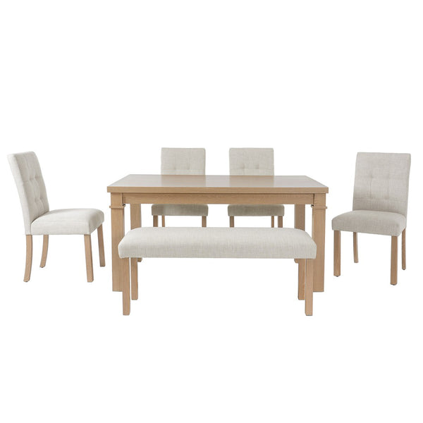 English Elm 6-piece Rectangular Dining Set with Wood Grain Table Four Upholstered Chairs and Bench Natural N752S000012N