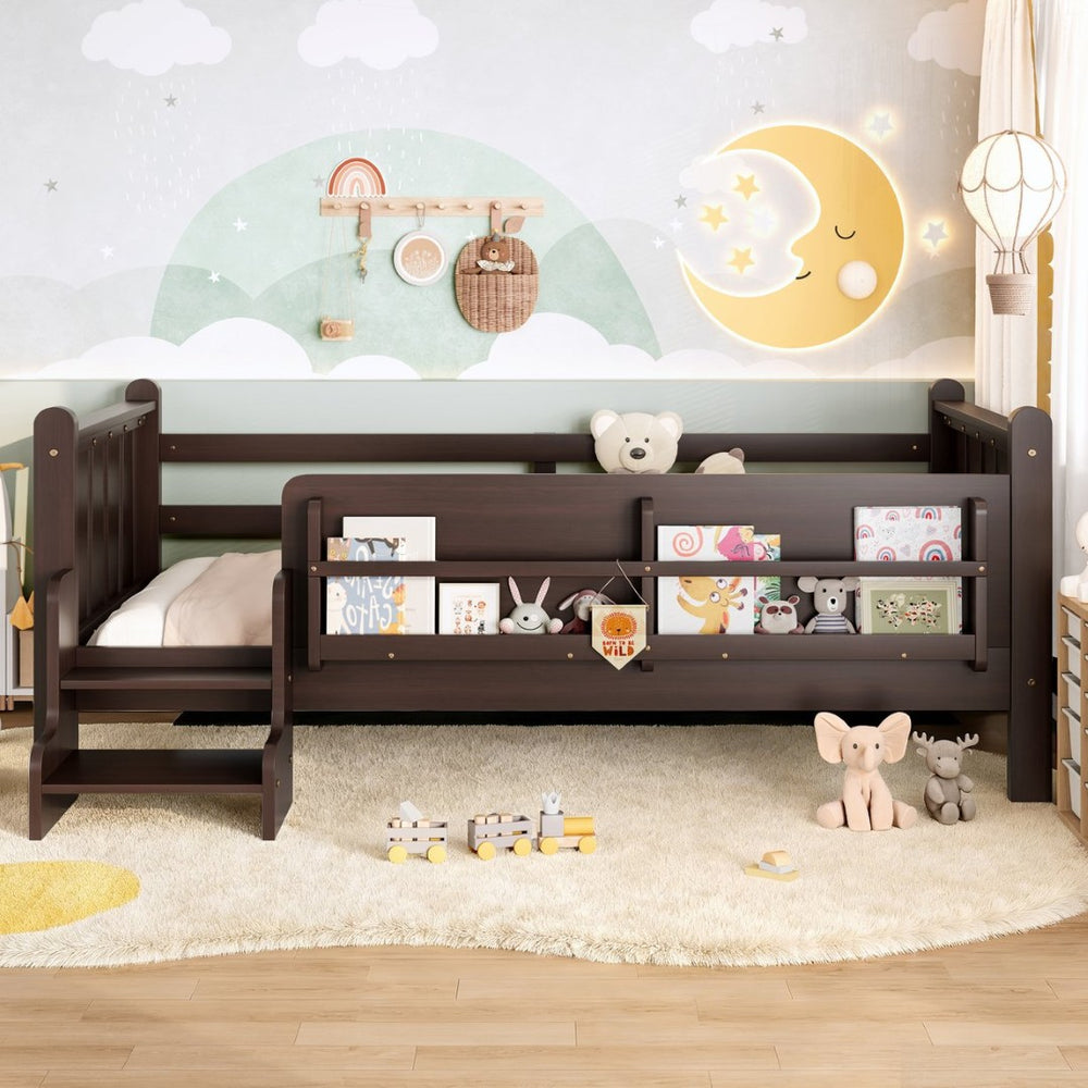 English Elm Twin Pine Floor Bed for Kids with Side Bookcases Built-in Stairs and Safety Guardrails Espresso W1580P390217