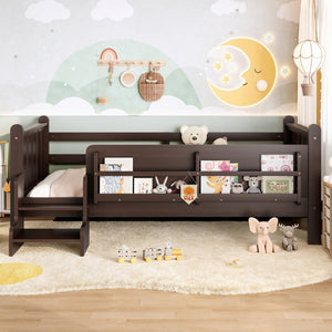English Elm Twin Pine Floor Bed for Kids with Side Bookcases Built-in Stairs and Safety Guardrails Espresso W1580P390217