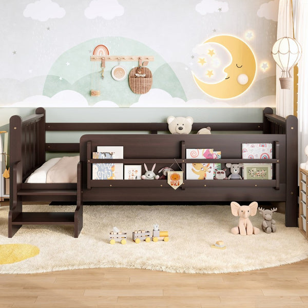 English Elm Twin Pine Floor Bed for Kids with Side Bookcases Built-in Stairs and Safety Guardrails Espresso W1580P390217