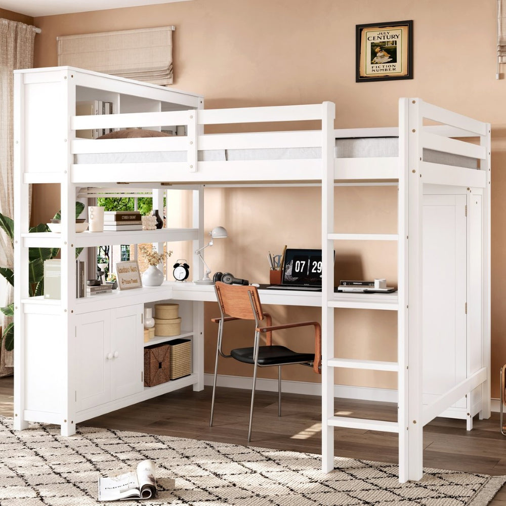 English Elm Full Size Pine Loft Bed House Frame with Slide Bookshelves and Moon Star Rails W1580S00162