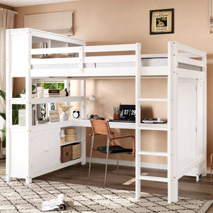 English Elm Full Size Pine Loft Bed House Frame with Slide Bookshelves and Moon Star Rails W1580S00162