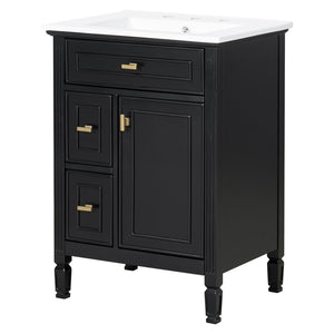 English Elm 24-Inch Bathroom Vanity with Sink, Solid Wood & MDF, Ceramic Top, Gold Handles, Flip Drawer Design Black N725P350824B