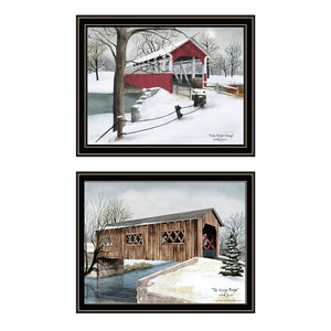 English Elm Trendy Decor 4u Winter Covered Bridge 2 Piece Framed Folk Art Print Set B067P254122