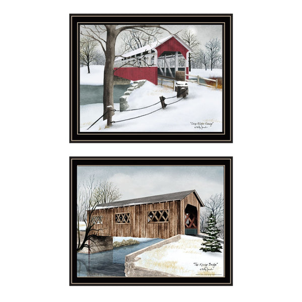English Elm Trendy Decor 4u Winter Covered Bridge 2 Piece Framed Folk Art Print Set B067P254122
