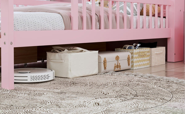 English Elm Twin Size Bed With Pink Finish, Headboard Storage, Under-Bed Drawers & Guardrails For Kids' Safety N733P272374H-GIGA