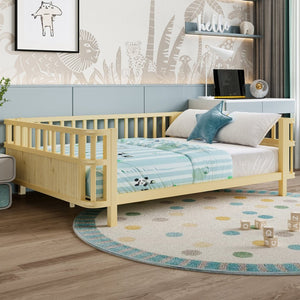 English Elm Children's Low Platform Bed Full Size Iron Wood Frame with Safety Railings for Kids W1858P390002