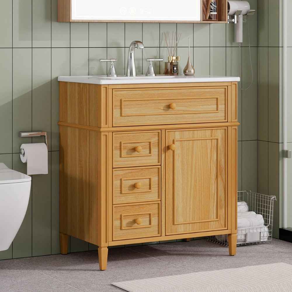 English Elm 30" Pine Wood Bathroom Vanity with Ceramic Sink Soft Close Drawers and Vintage Knobs N725P375498N