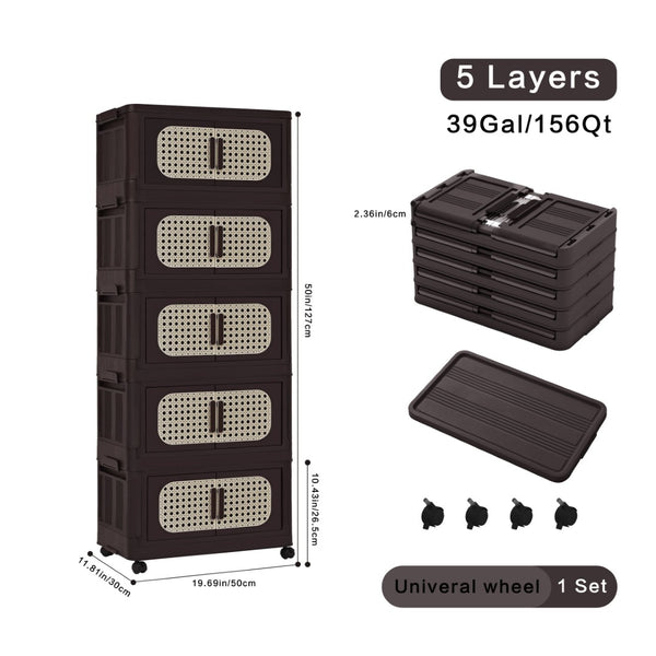 English Elm Retro 20" Folding Storage Cabinet - 5-Tier Collapsible Organizer With Magnetic Door & Wheels, Brown W2873P366244-GIGA