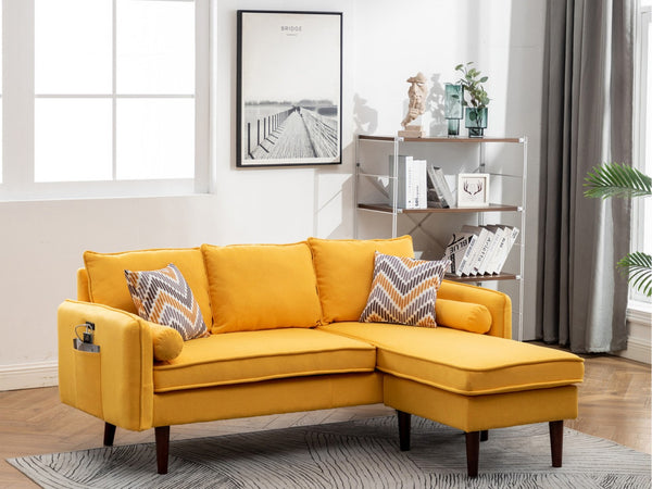 English Elm Mirella Mid-century Sectional with Reversible Chaise Usb Charging and Storage Pouches Yellow B2749P413377