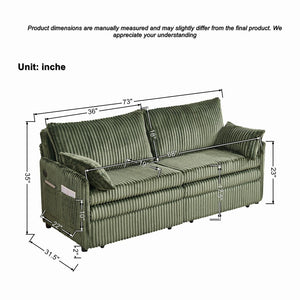 English Elm 73"convertible Corduroy Sleeper Sofa with Usb Port and Side Pocket for Studio Apartments Green W3373P405037