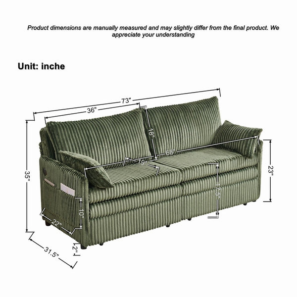English Elm 73"convertible Corduroy Sleeper Sofa with Usb Port and Side Pocket for Studio Apartments Green W3373P405037