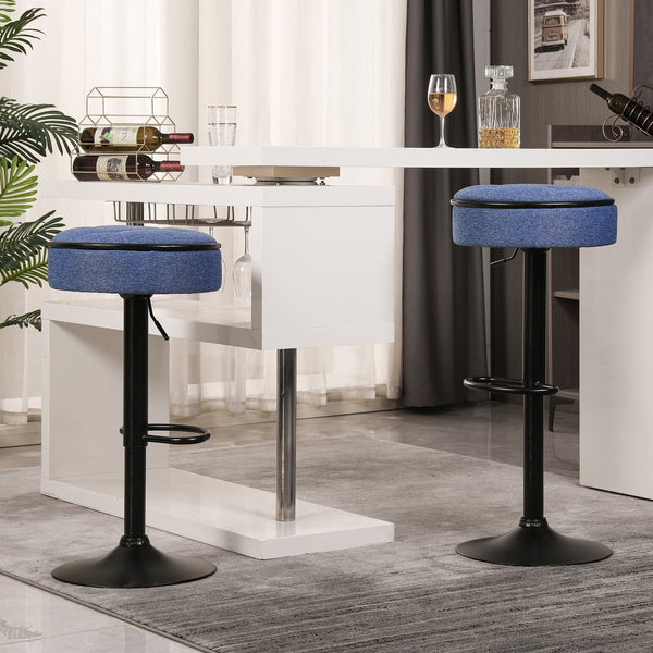 English Elm Round Storage Bar Stool with Hidden Lift Storage, Height Adjustable 28–36" Swivel Seat for Home Blue W2200P196799