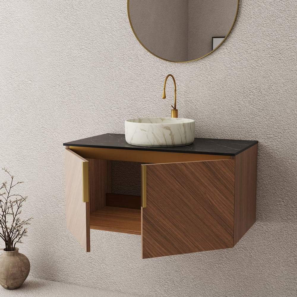 English Elm Arai 36" Wall-Mounted Bathroom Vanity With Black Stone Countertop, Ceramic Basin & Elegant Storage W2615S00354